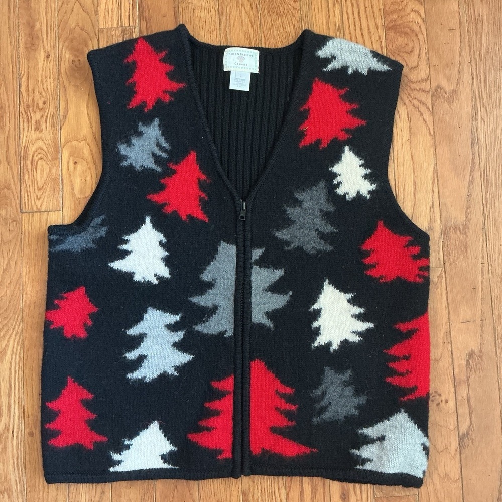 Susan Bristol's‎ casual Vest black wool grey red tree zip front LARGE